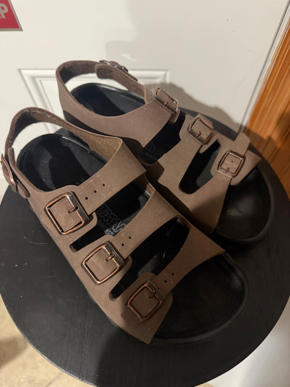 Birkenstock Brown Triple-Strap Sandals with Black Footbed